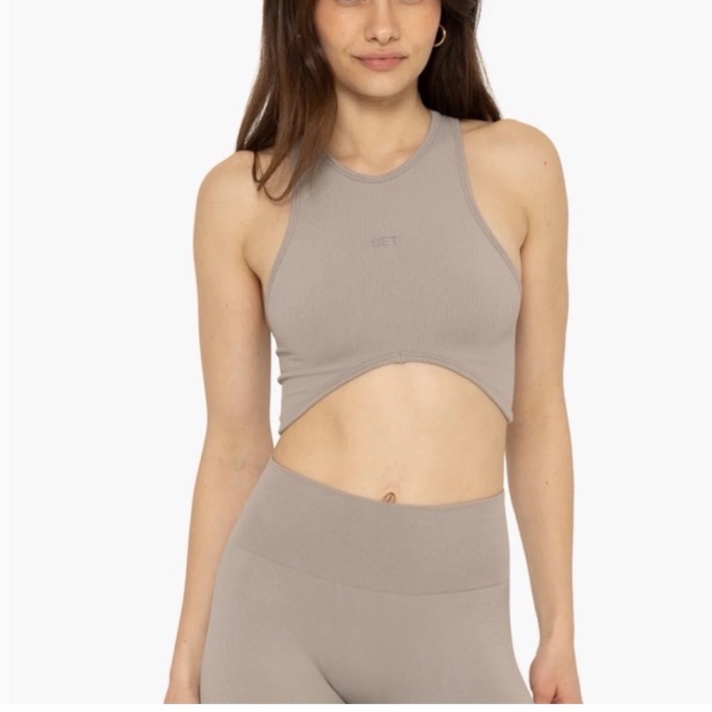 SET Active Taupe Ribbed High-Waist Leggings with Cropped Racerback Tank